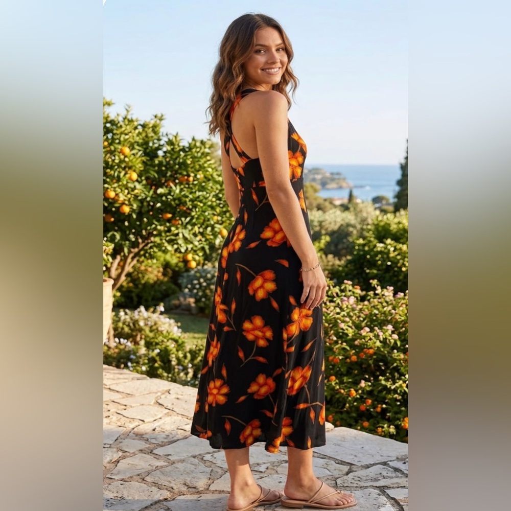 Vintage 90s Black Orange Floral Sleeveless